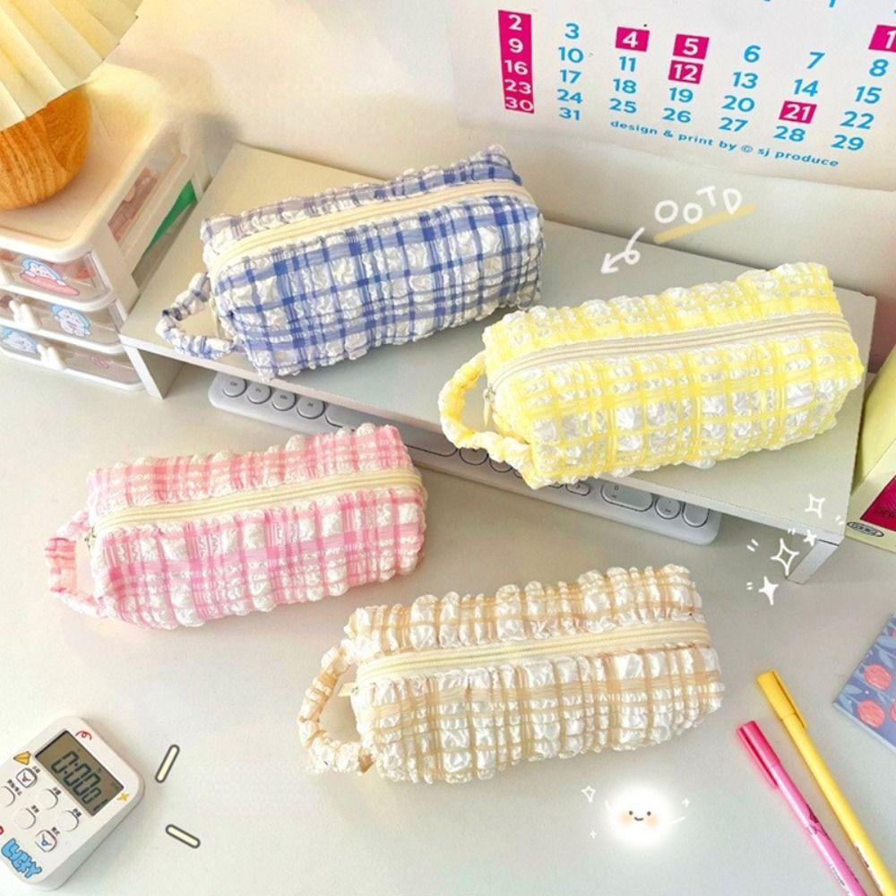 Túi Đựng Bút Mềm Mại Họa Tiết Sọc Caro Phong Cách Hàn Quốc