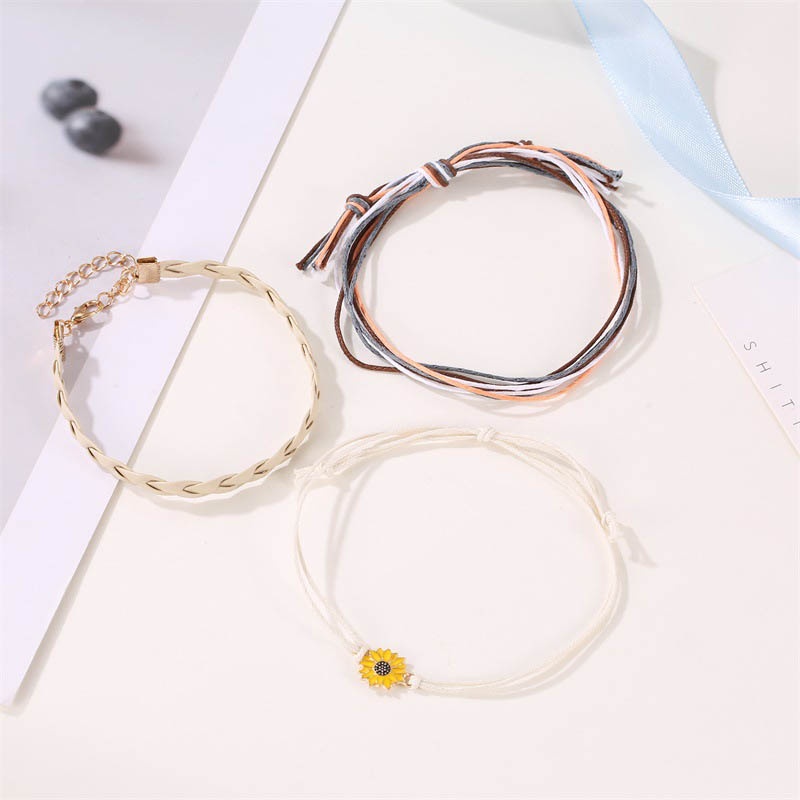 Bộ 3 Vòng Tay Dây Da Bện Mặt Hoa Hướng Dương Nhiều Màu Phong Cách Bohemian JP5