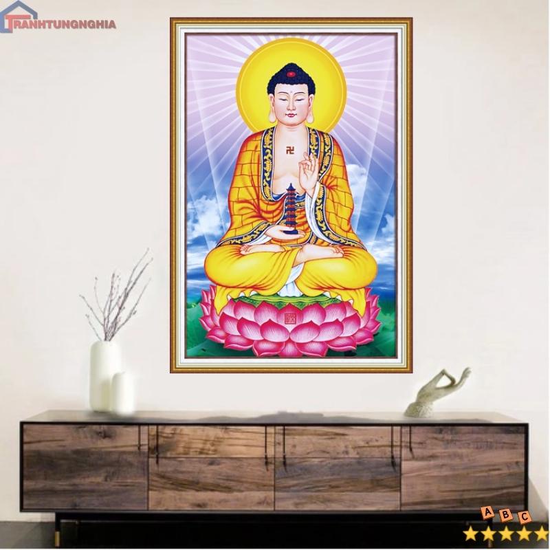 Tranh đính đá - tranh thêu chữ thập phật dược sư 35cm x 50cm