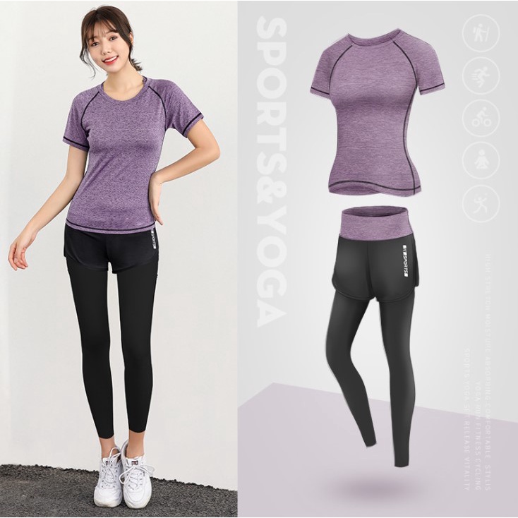Set đồ thể thao tập Gym Yoga nữ CoolSport nhiều màu, bộ áo thun quần legging 2 lớp năng động