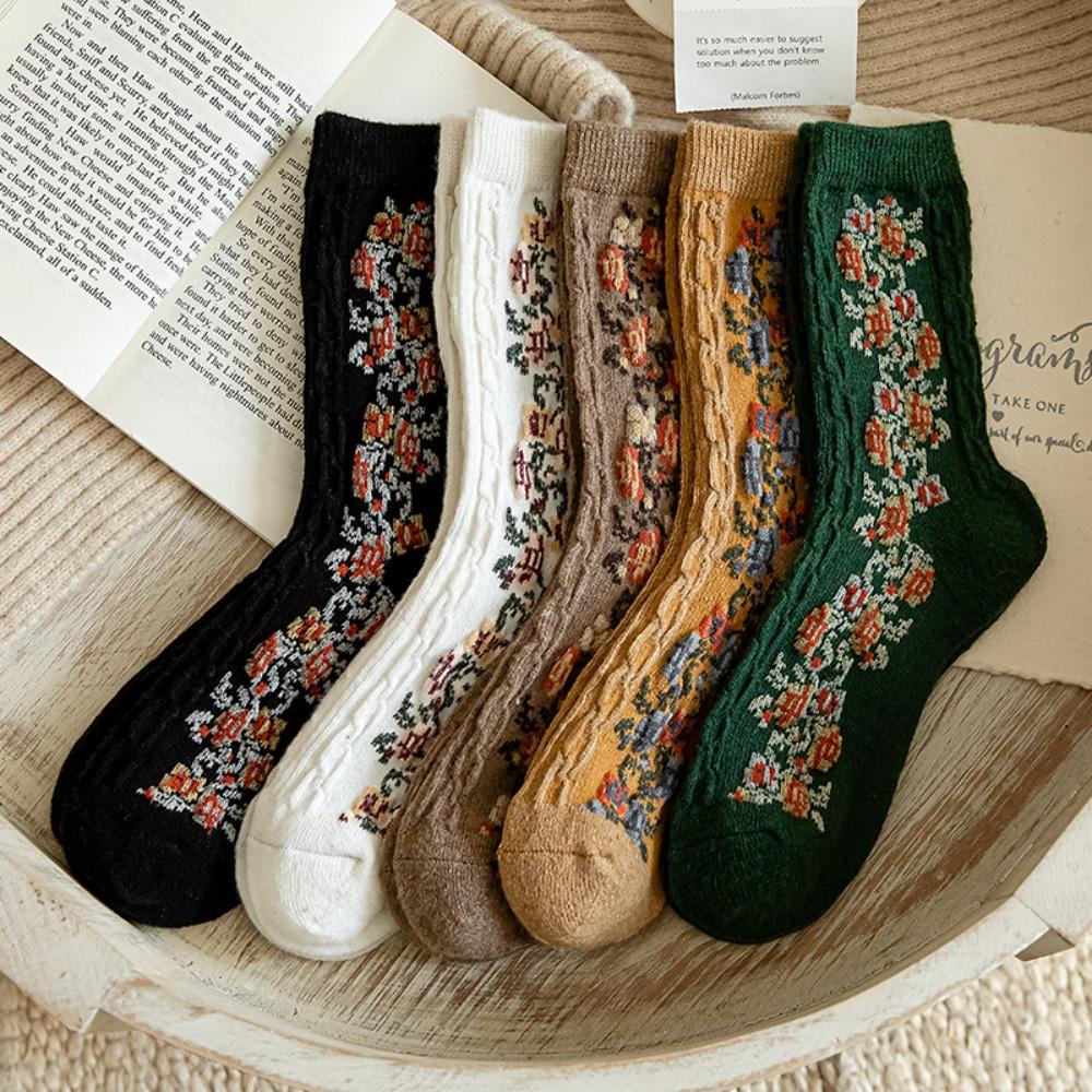 AROMA Đôi Vớ Len Dày Thêu Hình Phong Cách Cổ Điển Cho Nữ