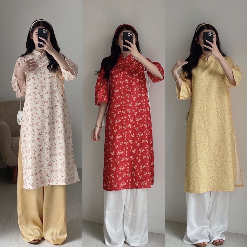 ÁO DÀI CÁCH TÂN HOA NHÍ TAY NHỠ KÈM QUẦN LỤA ADCTHN