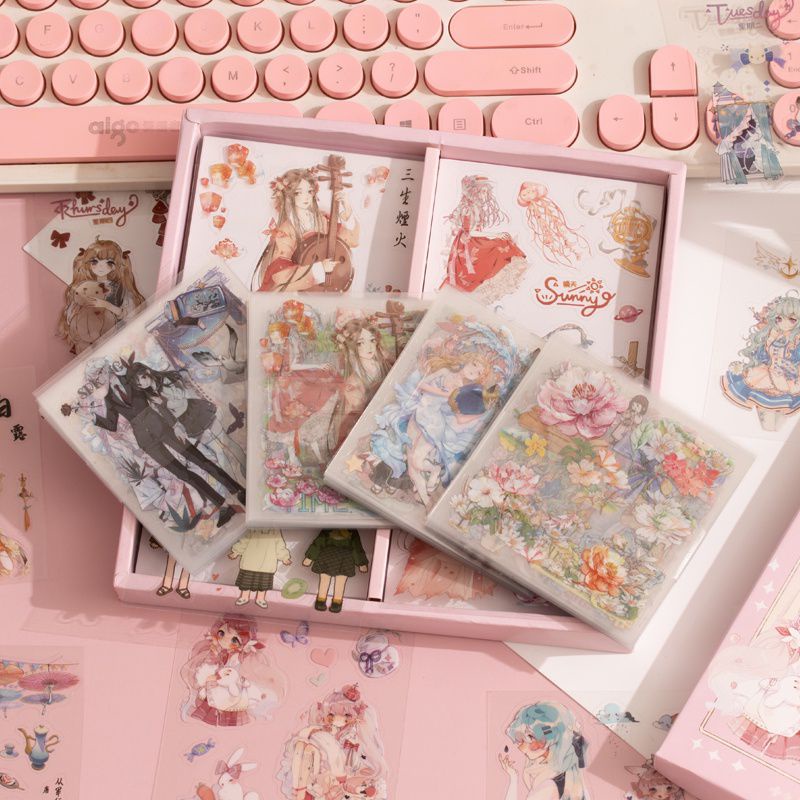 Hộp sticker 100 tấm nhiều hình khác nhau siêu rẻ.1000 miếng dán sticker 2D trang trí cô gái dễ thương, cổ trang, vintage