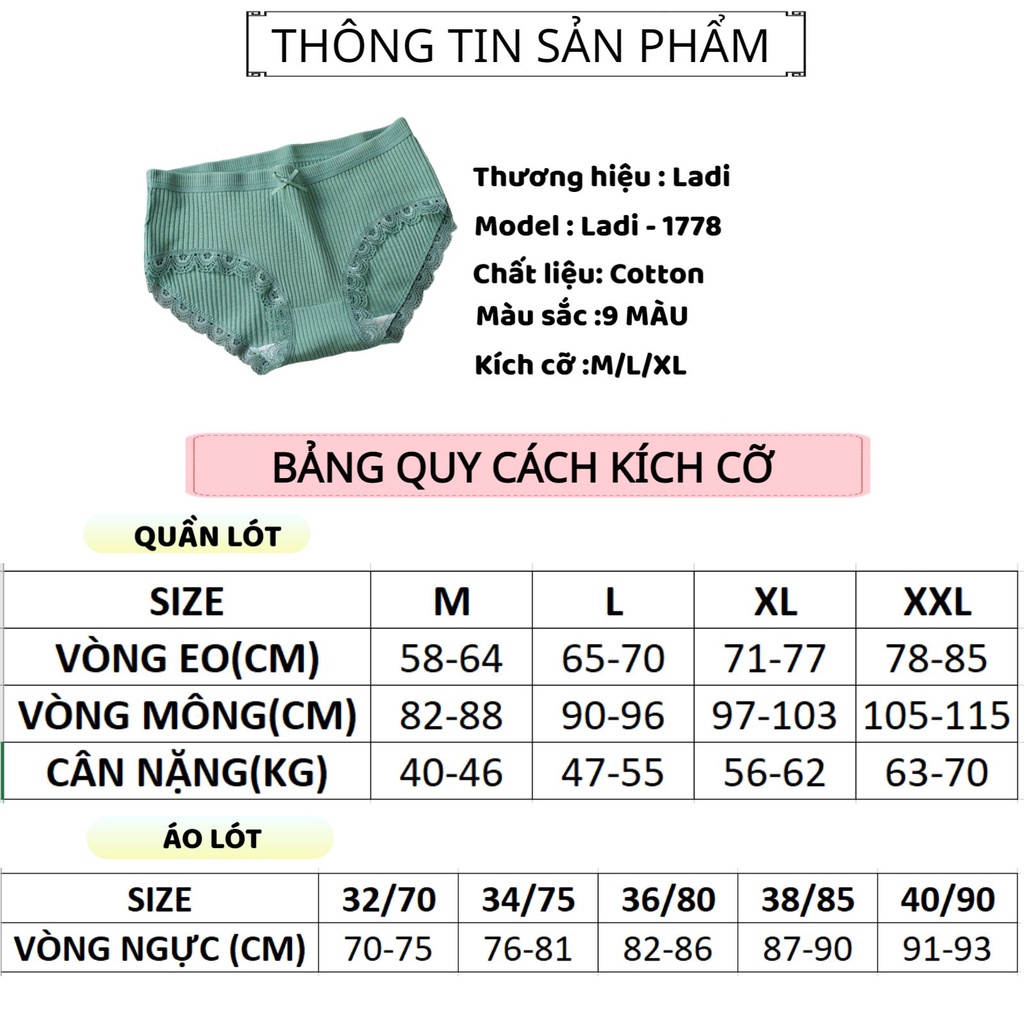 Quần Lót Nữ LADI Cotton Gân Tăm Viền Ren Siêu Mềm Mịn Thoáng Mát MÃ 1778