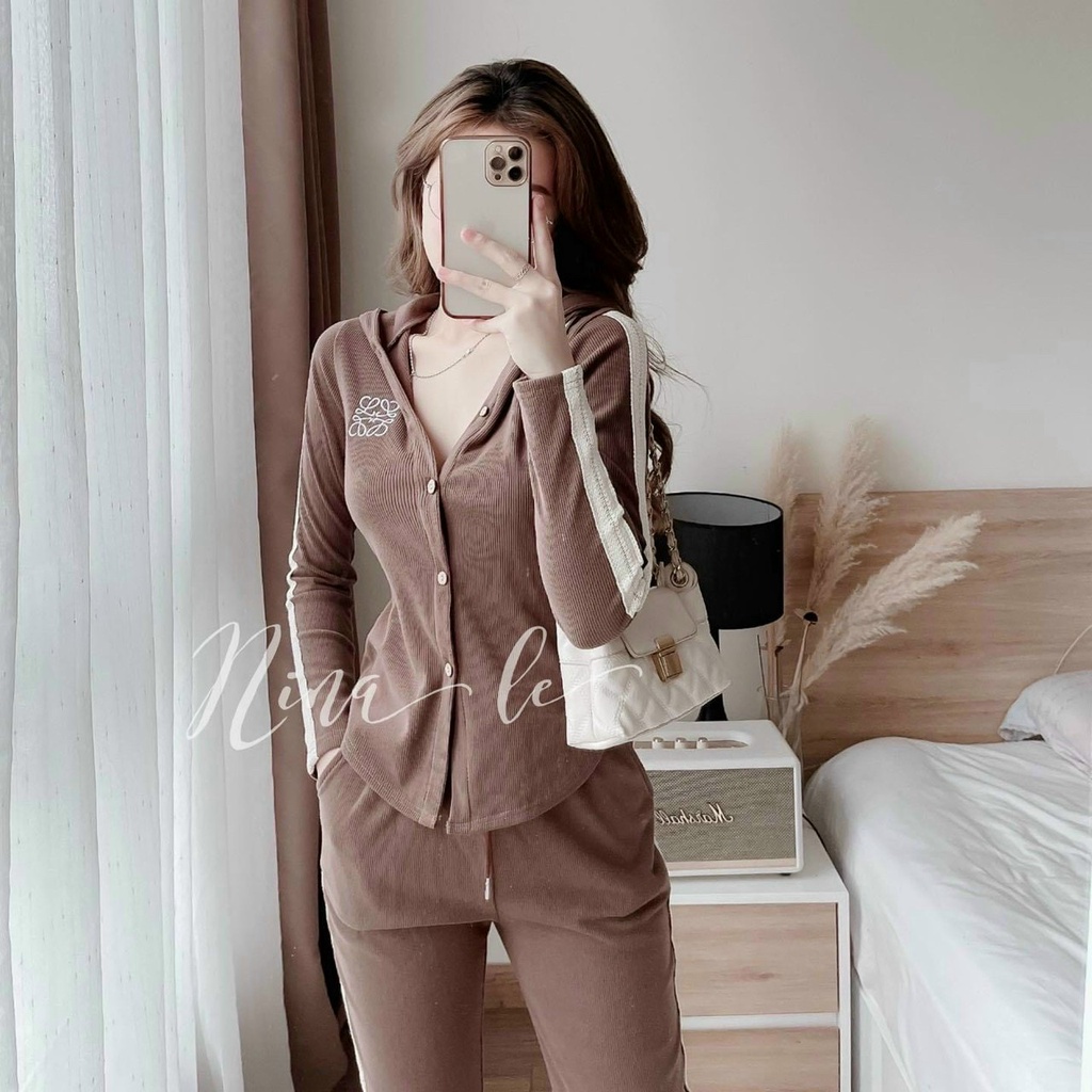 (Sale FreeShip) Sét bộ thun gân phối sọc,áo cài nút tay dài có nón kèm quần ống bo có túi,chất đẹp chuẩn shop