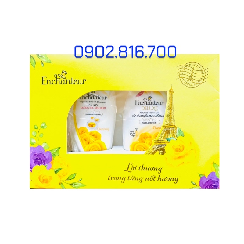 Hộp quà tặng 8/3 và 20/10 và 20/11 Dầu gội và Sữa tắm nước hoa Enchanteur Charming nồng nàn mịn màng quyến rũ 180gr