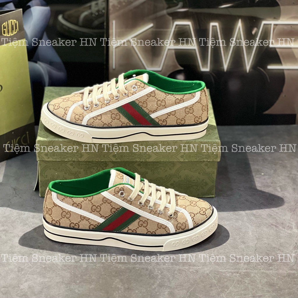 Giày 𝐆𝐔𝐂𝐂𝐈 Tennis 1977, Giày GC Xanh GG-Canvas And Leather Trainers Green