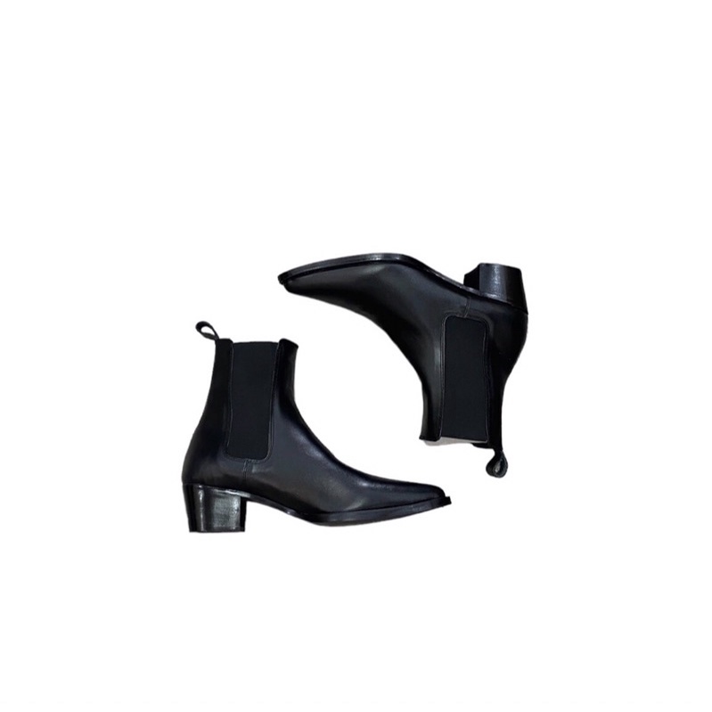THE DAKANA Chelsea Boots Mũi Nhọn Đế Cao 5cm Da Bò Nguyên Tấm Khâu Thủ Công Gót Gỗ