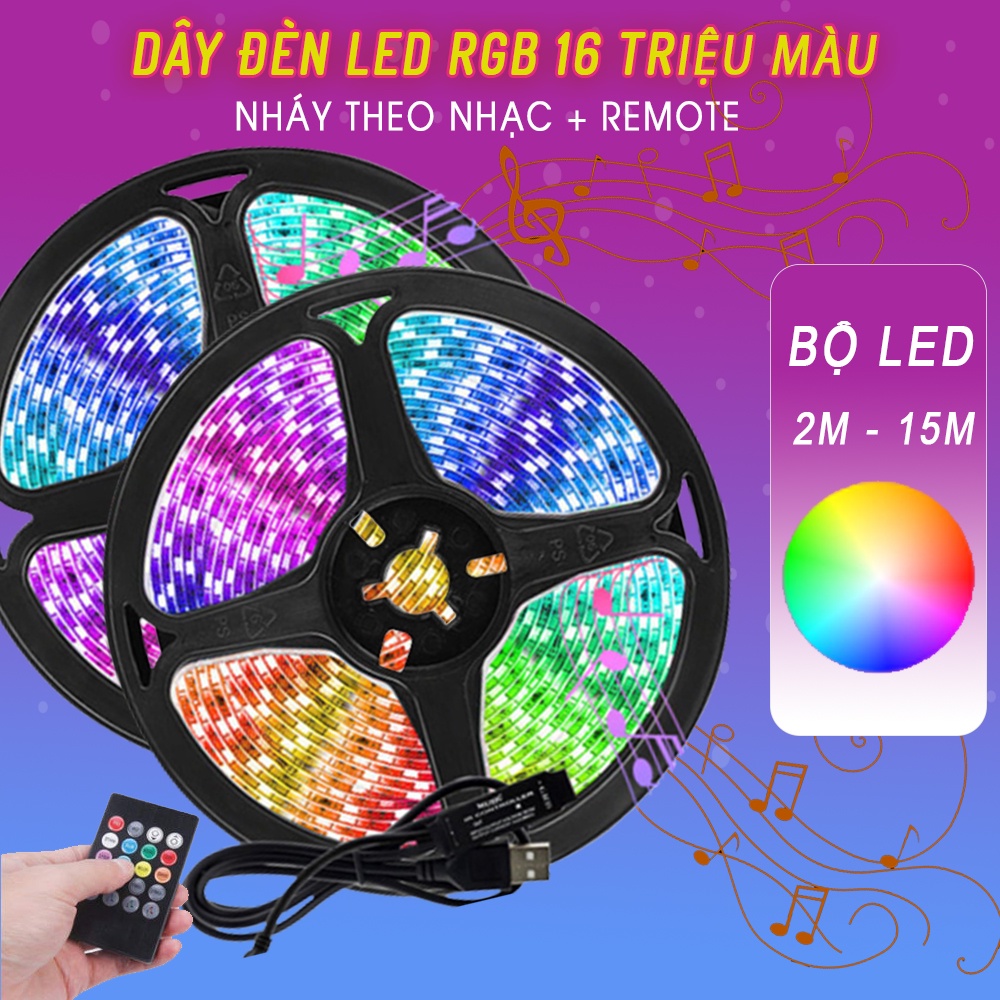 Dây Đèn Led 2m Đến 15m - Dây Led Rgb 16 Triệu Màu Nháy Theo Nhạc Không Cần App, Điều Khiển Bằng Remote