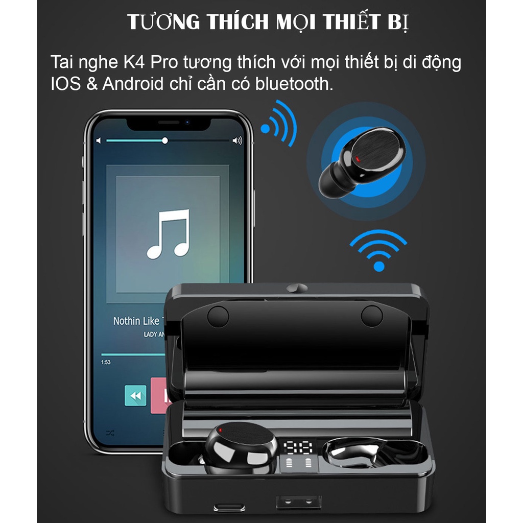 Tai Nghe Bluetooth K4 PRO Bản Cao Cấp Bluetooth 5.3 Cảm Ứng Âm Thanh 9D Tích hợp Sạc Dự Phòng Mẫu Mới bảo hành 1 đỏi 1