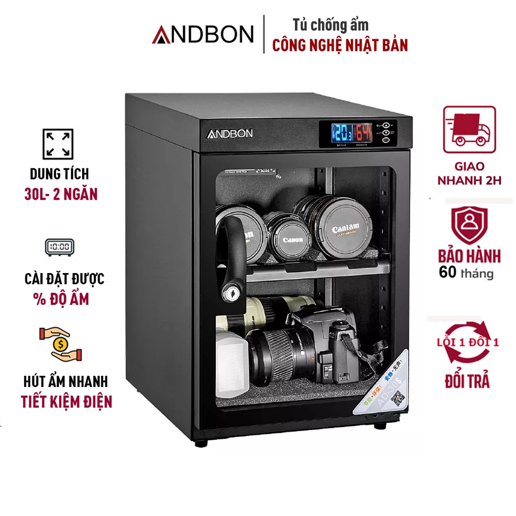  Tủ chống ẩm máy ảnh 30 Lít ANDBON bảo hành 5 năm, 2 ngăn chống xước, tiết kiệm điện