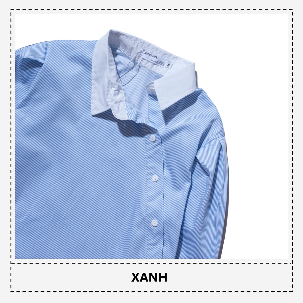 Áo Sơ Mi Nữ Dài Tay Sọc Phối Cổ Xéo Màu Xanh MIRABOZZI Chất Vải COTTON Thoáng Mát, Đường May Tỉ Mỉ MSHF016