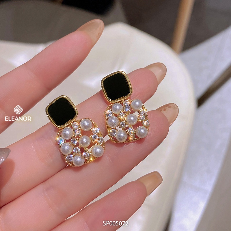 Bông tai nữ chuôi bạc 925 Eleanor Accessories hình vuông gắn ngọc nhân tạo phụ kiện trang sức 5072