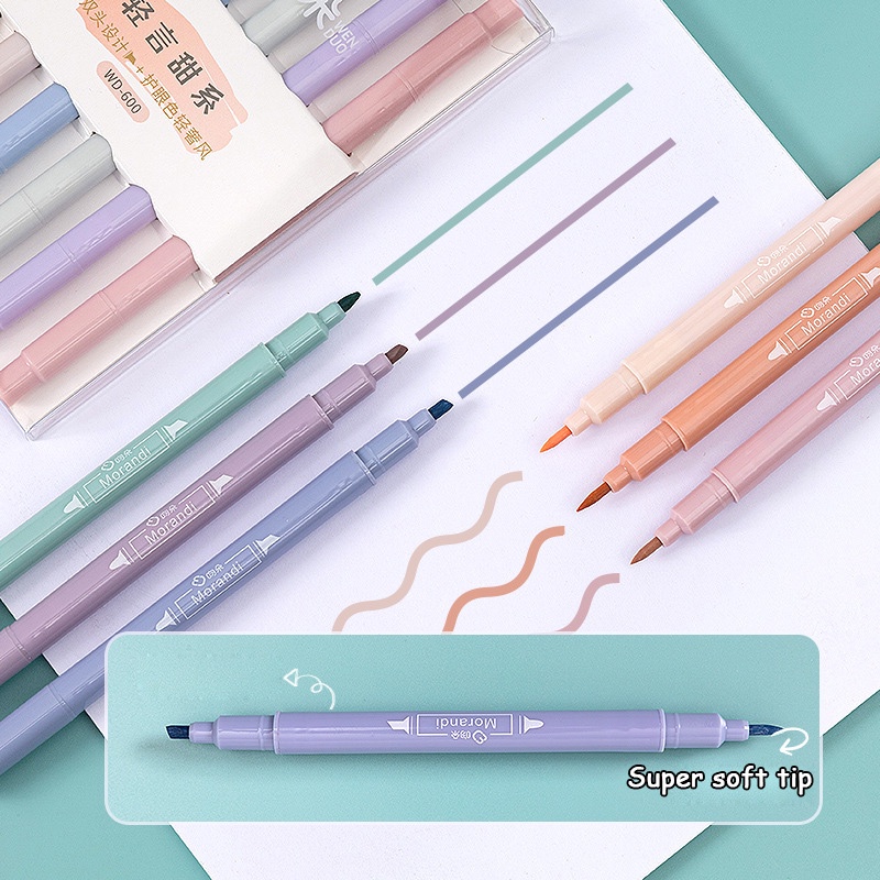 Bộ 6 Bút Đánh Dấu Hai Đầu Nhiều Màu Sắc Dễ Thương Cho Học Sinh