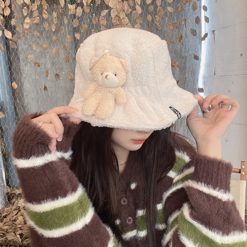 Mũ Bucket Lông Nhung Hình Gấu Dễ Thương Xinh Xắn Phong Cách Thời Trang Mùa Đông Hàn Quốc Cho Nữ