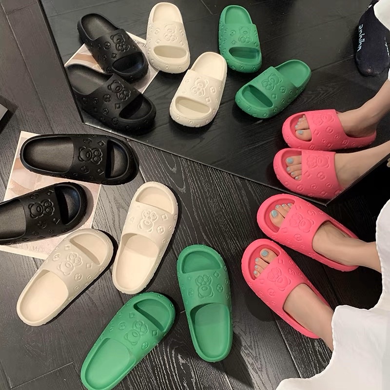 Dép bánh mì Béo in nổi hình Gấu Teddy cao 4cm nữ quai ngang chất cao su mềm chống trơn trượt