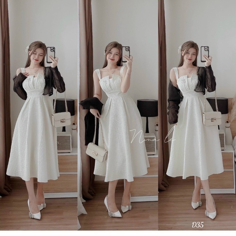 Đầm xoè nữ 2 dây kèm áo khoác ren phong cách ngọt ngào trẻ trung