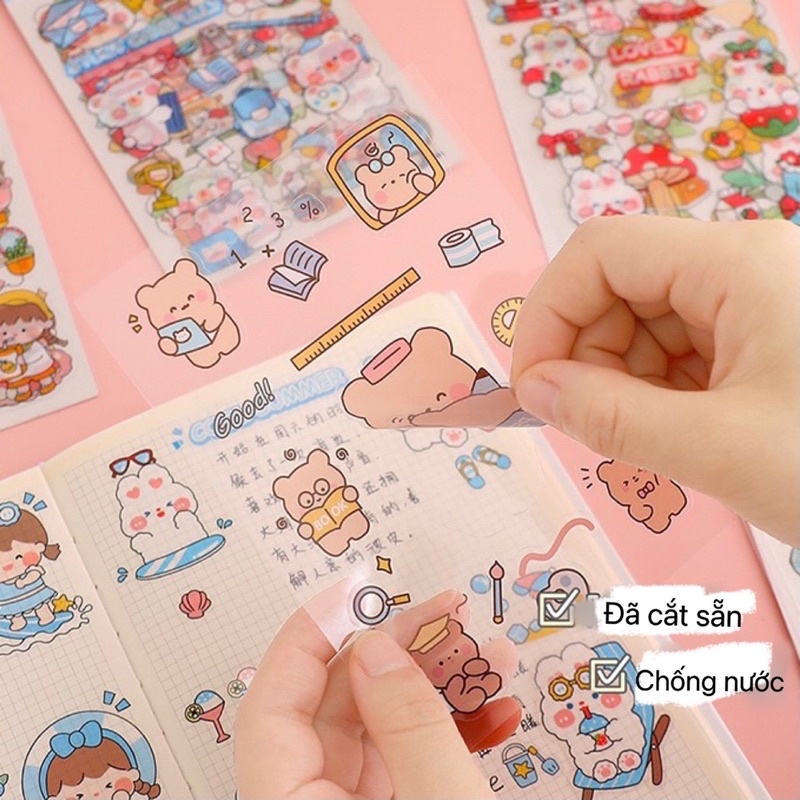 Set 4 tấm hình dán PET chống nước hoạ tiết hoạt hình dễ thương, mẫu đã cắt sẵn Tiệm Ốc Sột