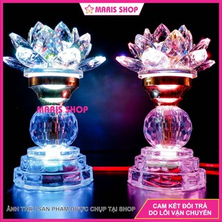 [Giá một cặp] Đèn Bàn Thờ Hoa Sen PHA LÊ Cao Cấp Nguyên Khối Cao 18cm Sáng Toàn Thân Sử Dụng Mạch LED Cao Cấp [MRHT22]