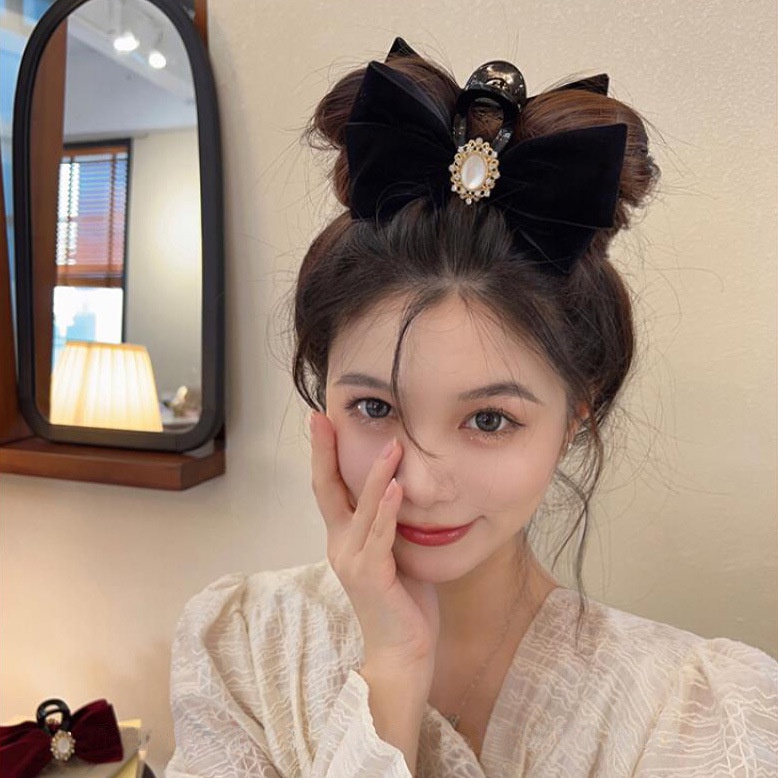 Kẹp tóc nơ HAIMEIKANG vải nhung đính ngọc trai giả phong cách Hàn Quốc mới cho nữ