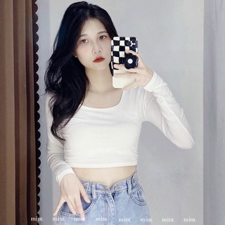 Áo thun lụa croptop nữ tay dài cổ vuông ôm dáng