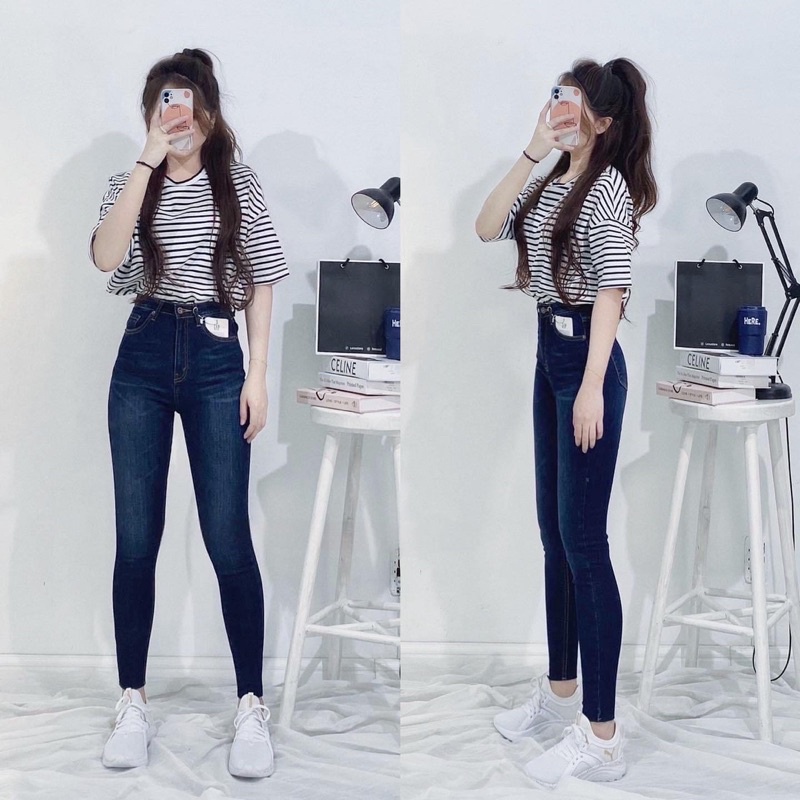 Quần skinny trơn lai cắt lưng cao