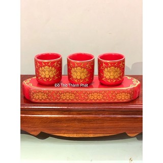 Bộ kỷ 5 chén nước thờ màu đỏ gấm cao cấp