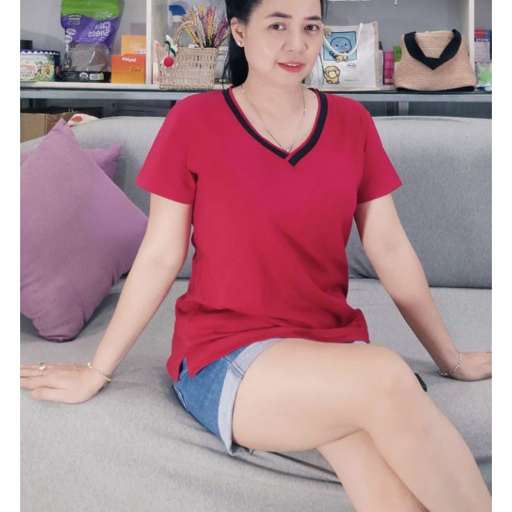 2️⃣8️⃣Áo thun cotton cổ tim phối viền tay ngắn cổ dãn4 chiều tuyenphanbigsize
