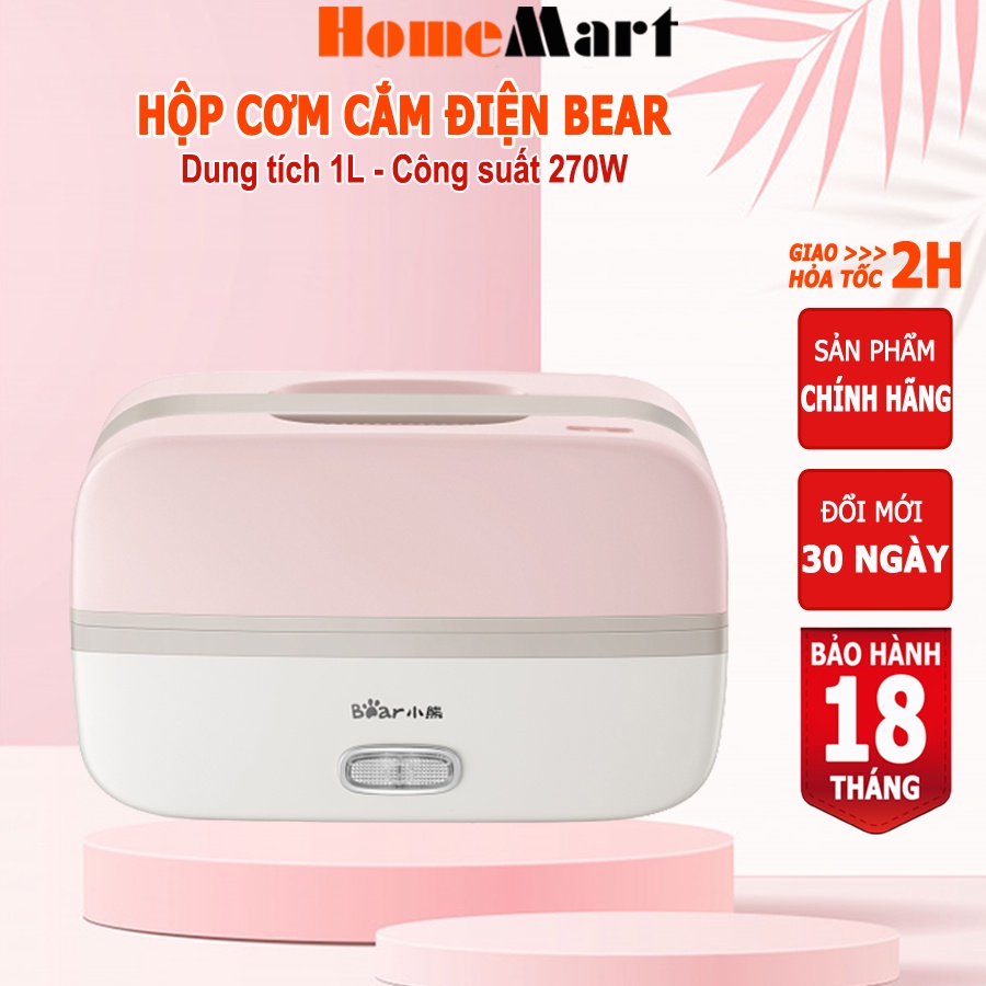Hộp cơm cắm điện giữ nhiệt Bear, hộp cơm văn phòng hâm nóng và nấu chín thức ăn, 2 khay Inox 1000ml – Hàng hãng BH 18T
