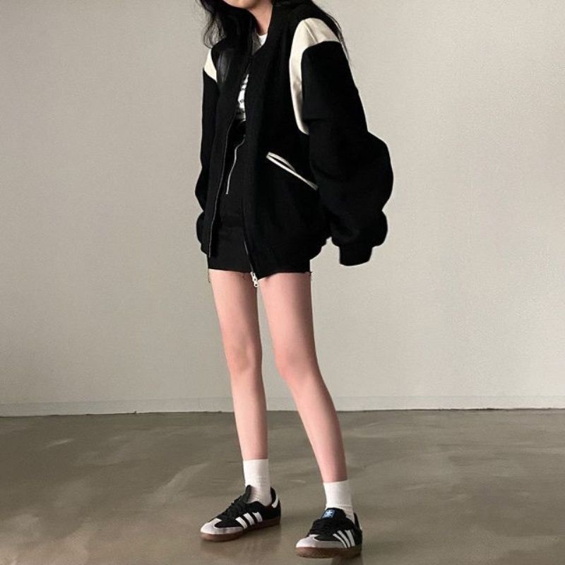 Áo Khoác Bóng Chày Dáng Rộng Phối Khóa Kéo Thời Trang Xuân Thu Cá Tính