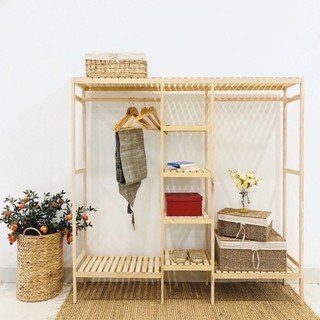 A3 kệ treo quần áo - tủ treo quần áo gỗ thông 3 ngăn gỗ thông nhập khẩu, tặng kệ trang trí - mega wooden