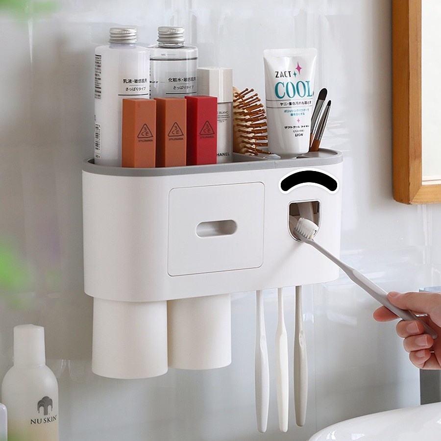 Bộ Nhả Kem Đánh Răng Tự Động, Kệ Để Đồ Phòng Tắm Cao Cấp EON 2 CỐC ( Tặng Kèm Miếng Dán )