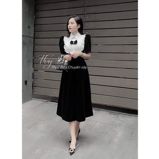 Đầm xoè dài tiểu thư cổ bèo dập ly đính nơ xinh xắn