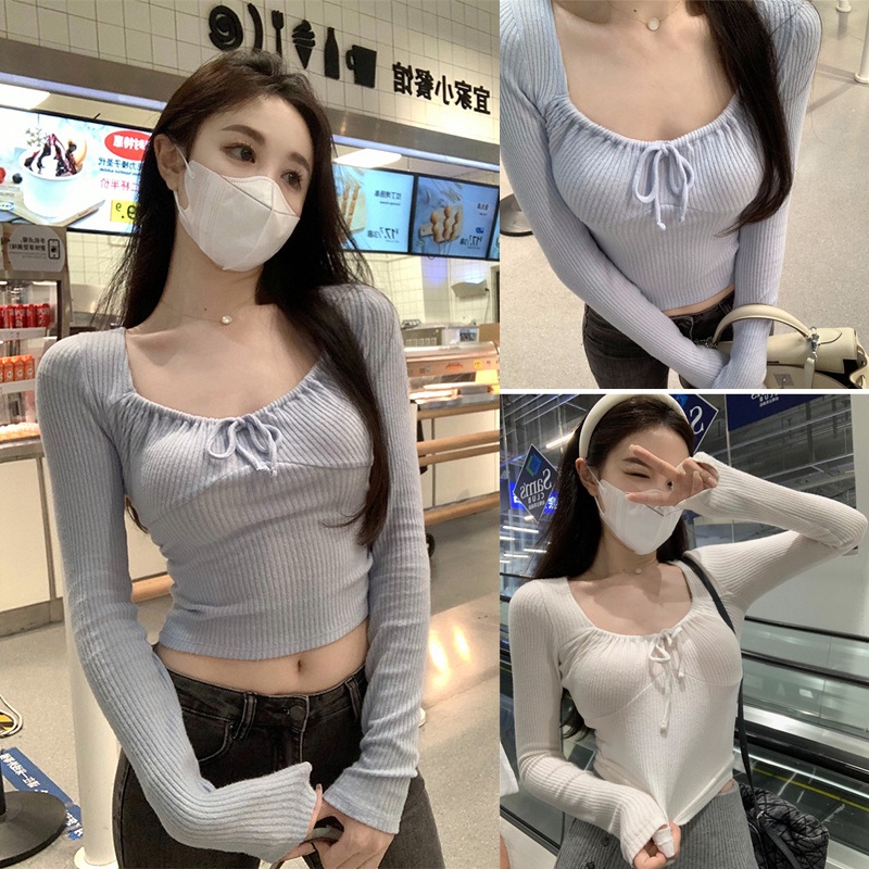 Áo Thun Croptop Tay Dài Kiểu Hàn Quốc Thiết Kế Trẻ Trung Cho Nữ