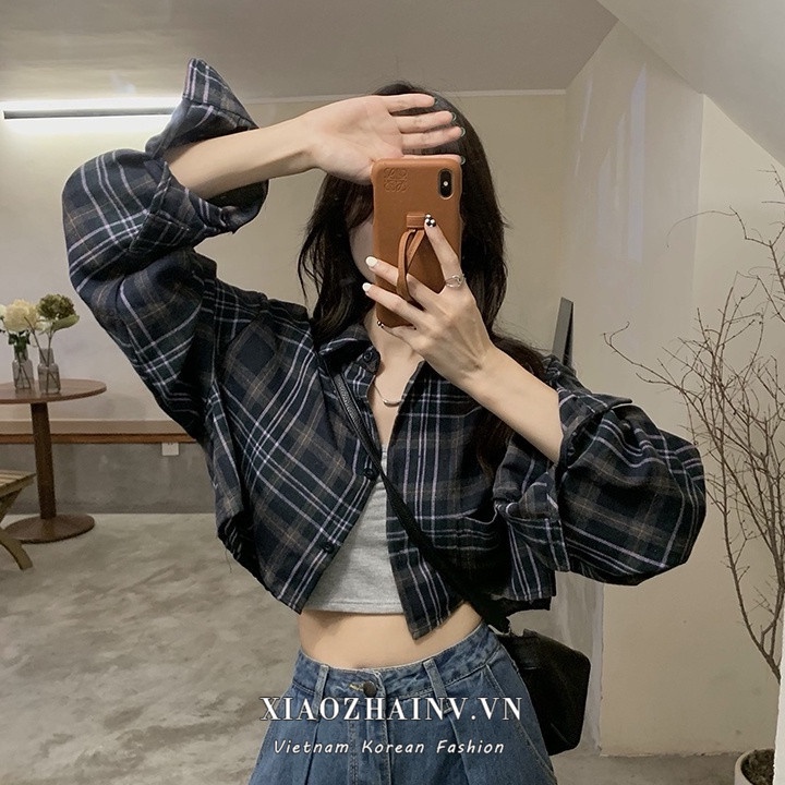 Xiaozhainv Áo sơ mi caro tay dài thời trang cho nữ
