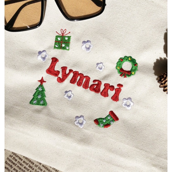 Túi Tote Thêu Tên Theo Yêu Cầu, Kèm Họa Trang Trí Noel, Quà Giáng Sinh, Vải Canvas, Túi Tote Nữ