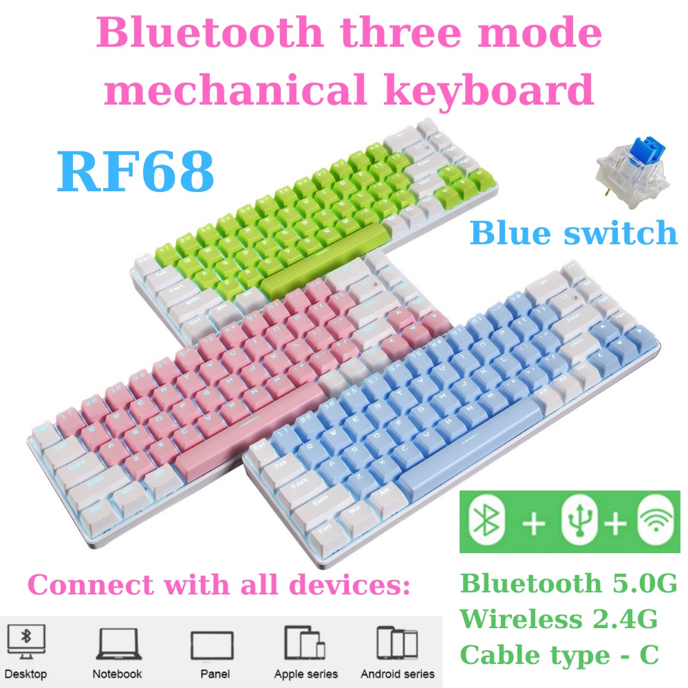 Bàn phím cơ không dây 68 phím RF68 3 kết nối keycap ABS Blue switch Led trắng xanh nhiều chế độ