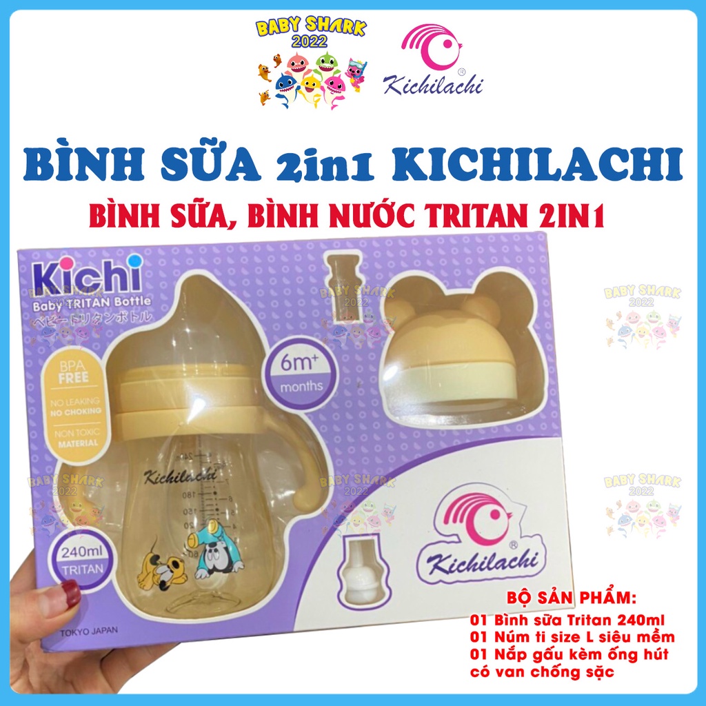 Bình sữa, bình tập uống nước 2in1 Kichilachi Tritan có tay cầm chống sặc 240ml