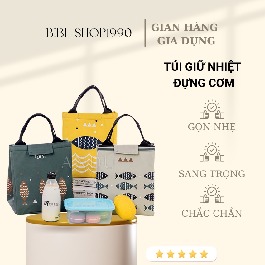 Túi giữ nhiệt đựng cơm văn phòng tiện ích họa tiết con cá - Túi đựng cơm có ngăn