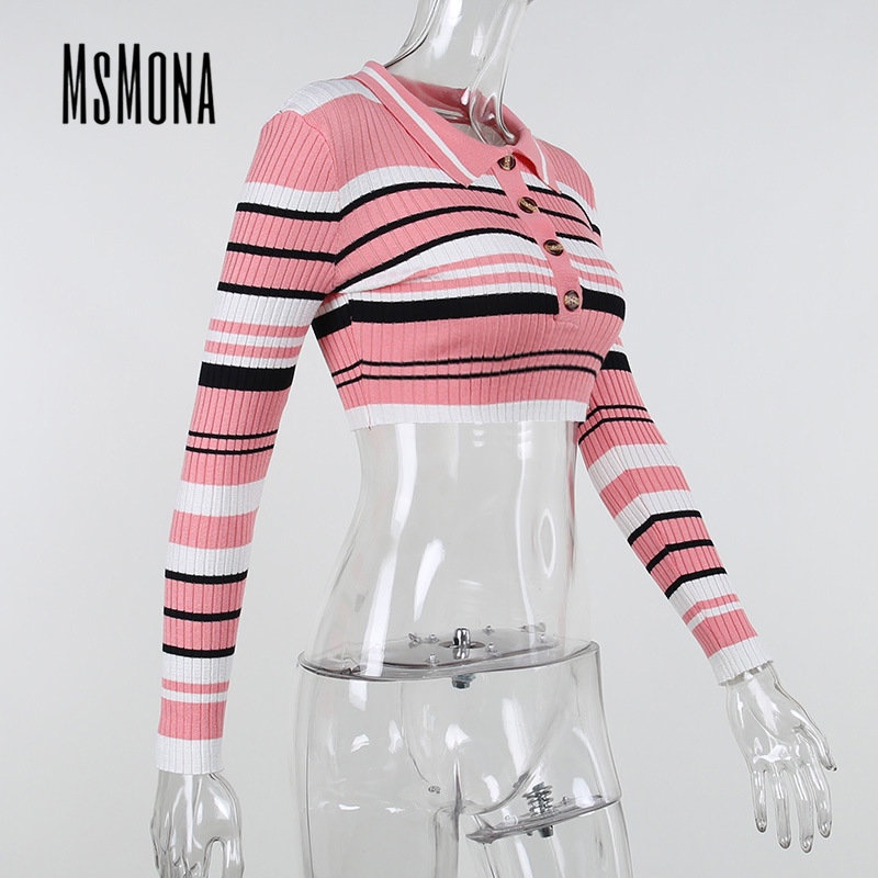 MsMona Áo Thun Polo Dệt Kim Tay Dài Dáng Ôm Họa Tiết Kẻ Sọc Màu Tương Phản Thời Trang 2022 Cho Nữ