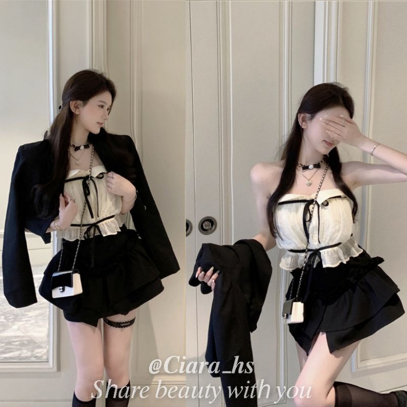 (K8) Set váy áo Ulzzang Hàn Quốc Áo kiểu thắt nơ Vest đen Chân váy xòe màu đen loại đẹp