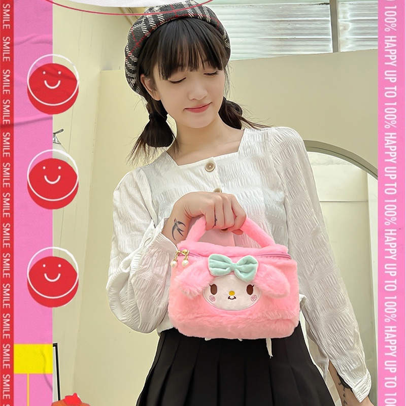 Sanrio Túi Đựng Mỹ Phẩm Xách Tay Phối Lông Có Khóa Kéo Họa Tiết Hoạt Hình Dễ Thương