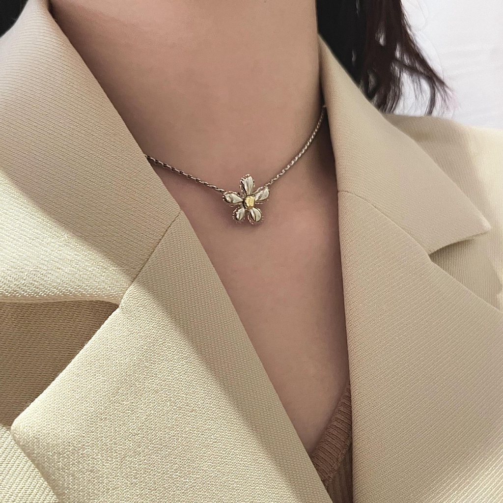 Dây chuyền và bông tai dành cho nữ mạ bạc thiết kế  bông hoa siêu đáng yêu nhí nhảnh phong cách Hàn Quốc Boho