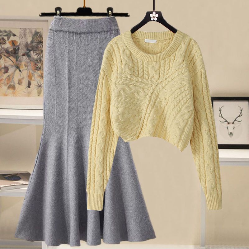 2024Set Áo Sweater Dệt Kim Phối Chân Váy Đuôi Cá Thời Trang Thu Đông   Cho Nữ