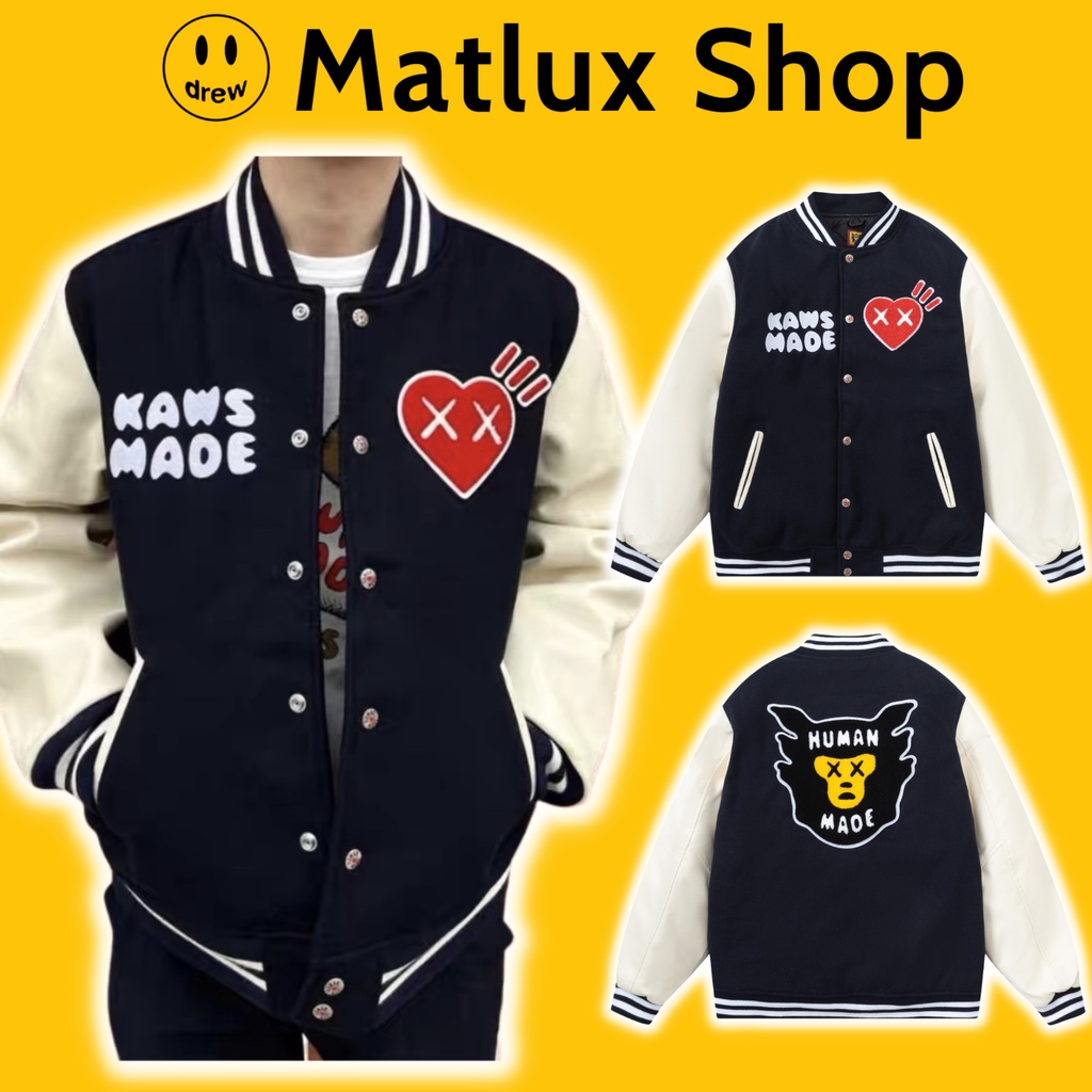 Áo varsity jacket HUMAN MADE X KAWS bản cao cấp, Áo khoác bóng chày nam nữ HUMAN MADE thêu hình họa tiết form rộng