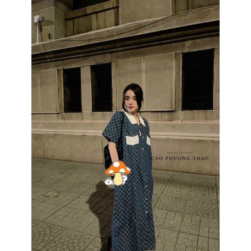 Đầm Jean Dáng Suông Phối Màu Cổ Siêu Xinh