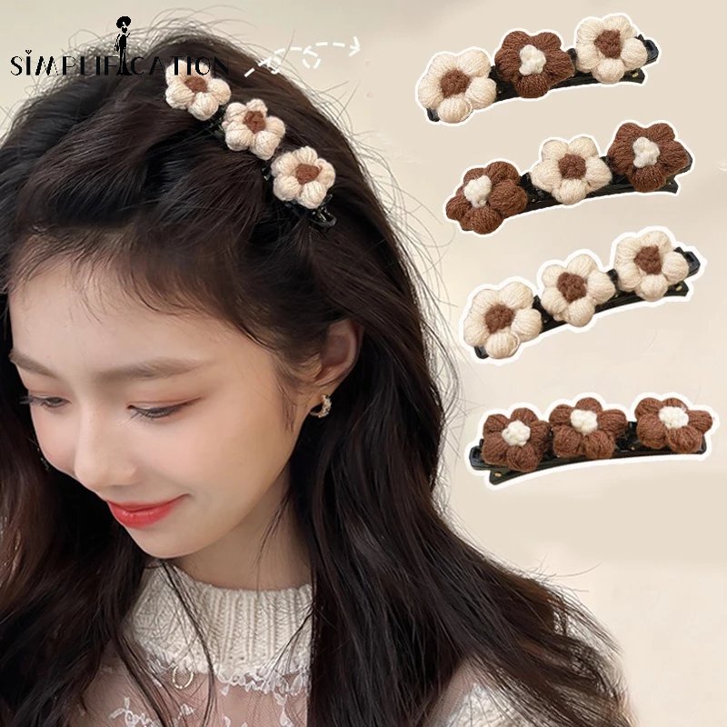 Kẹp Tóc Hoa Lớn Đan Len Màu Tương Phản Phong Cách Hàn Quốc Thời Trang Cho Nữ