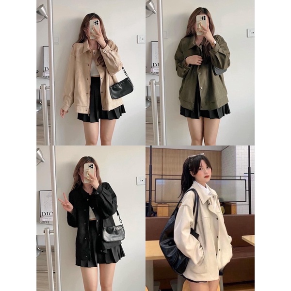 Áo khoác bomber da lộn trơn cúc bấm dáng basic