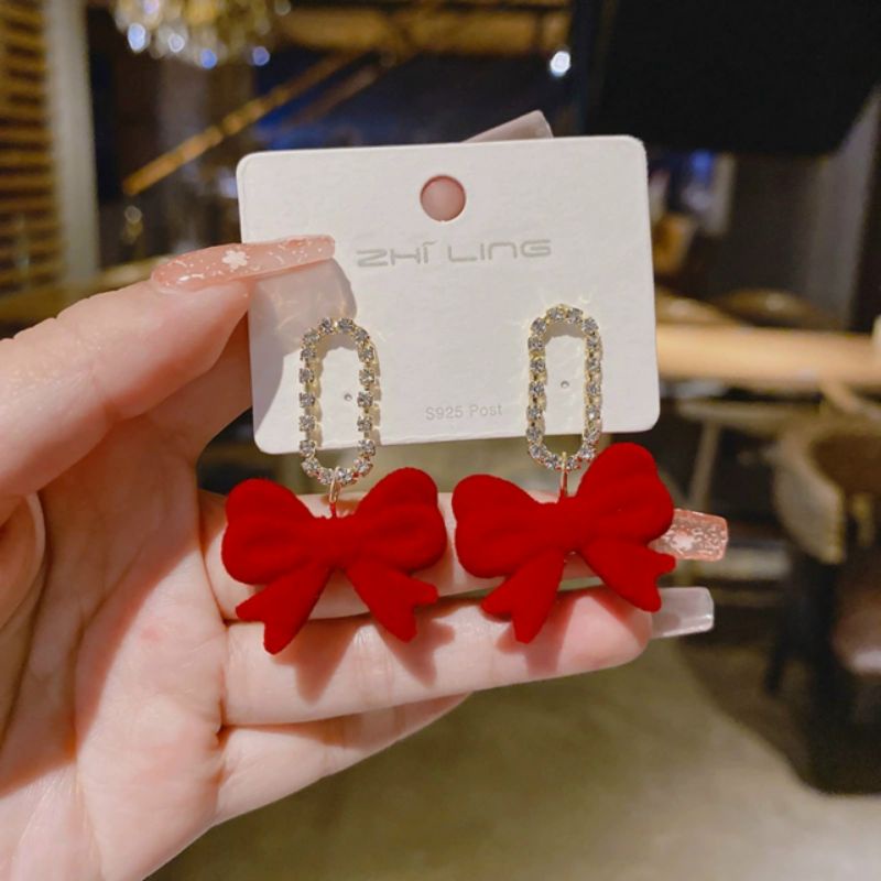 [ HOT] BÔNG TAI KHUYÊN TAI NƠ NHUNG ĐÍNH ĐÁ SANG TRỌNG NỔI BẬT TIỆC TÙNG CHO NỮ