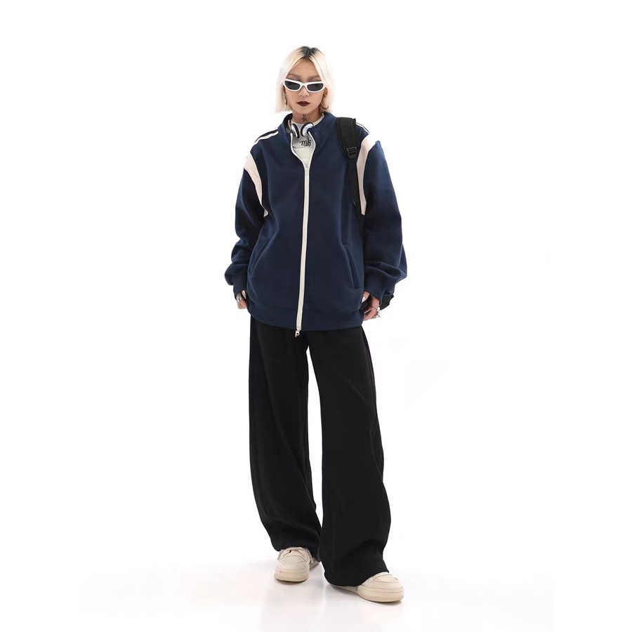Áo Khoác Dây kéo Bóng chày Nỉ bông phối Viền trắng form rộng Unisex nam nữ phong cách Retro Boin Store